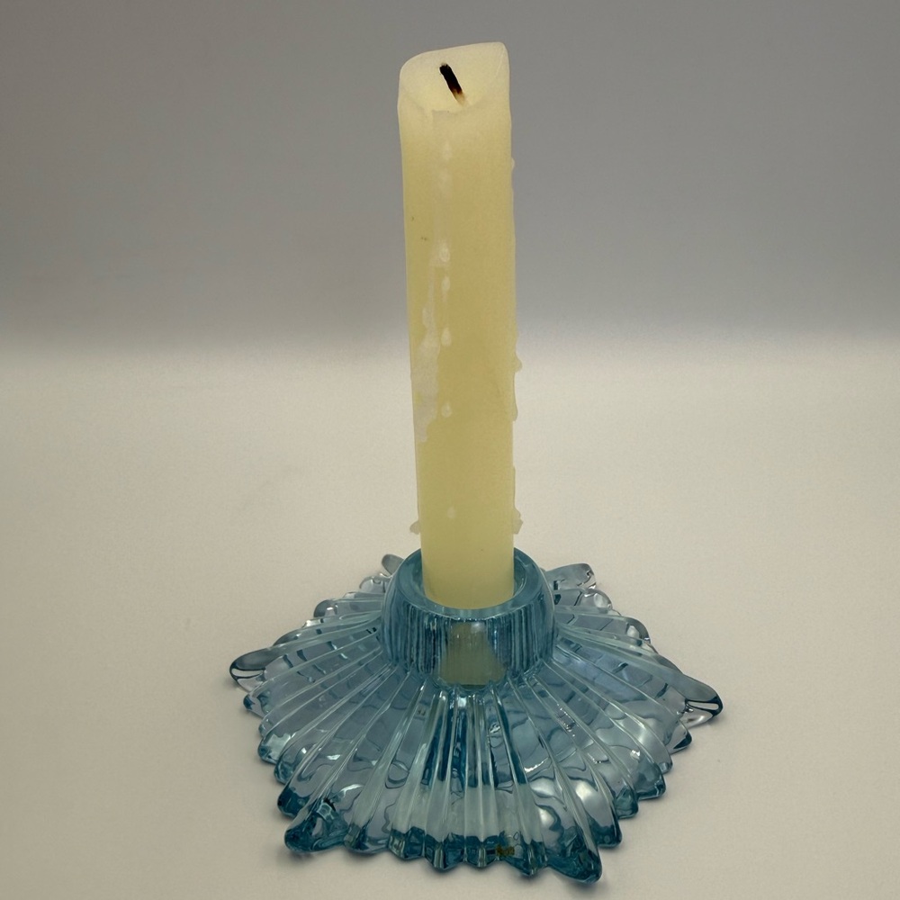Vintage Light Blue Pressed Glass Candle Holder in Starburst Pattern